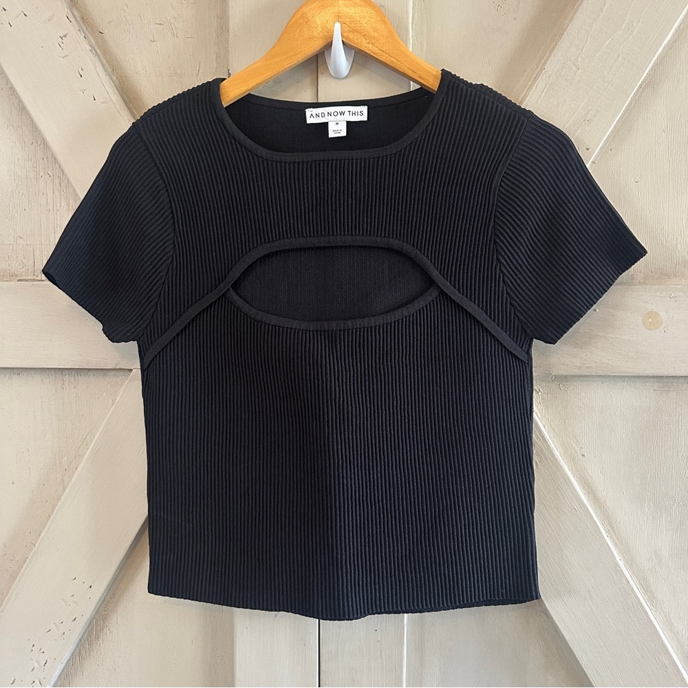 And Now This Black Ribbed Knit Cutout Top Women’s Medium Short Sleeve Stretch